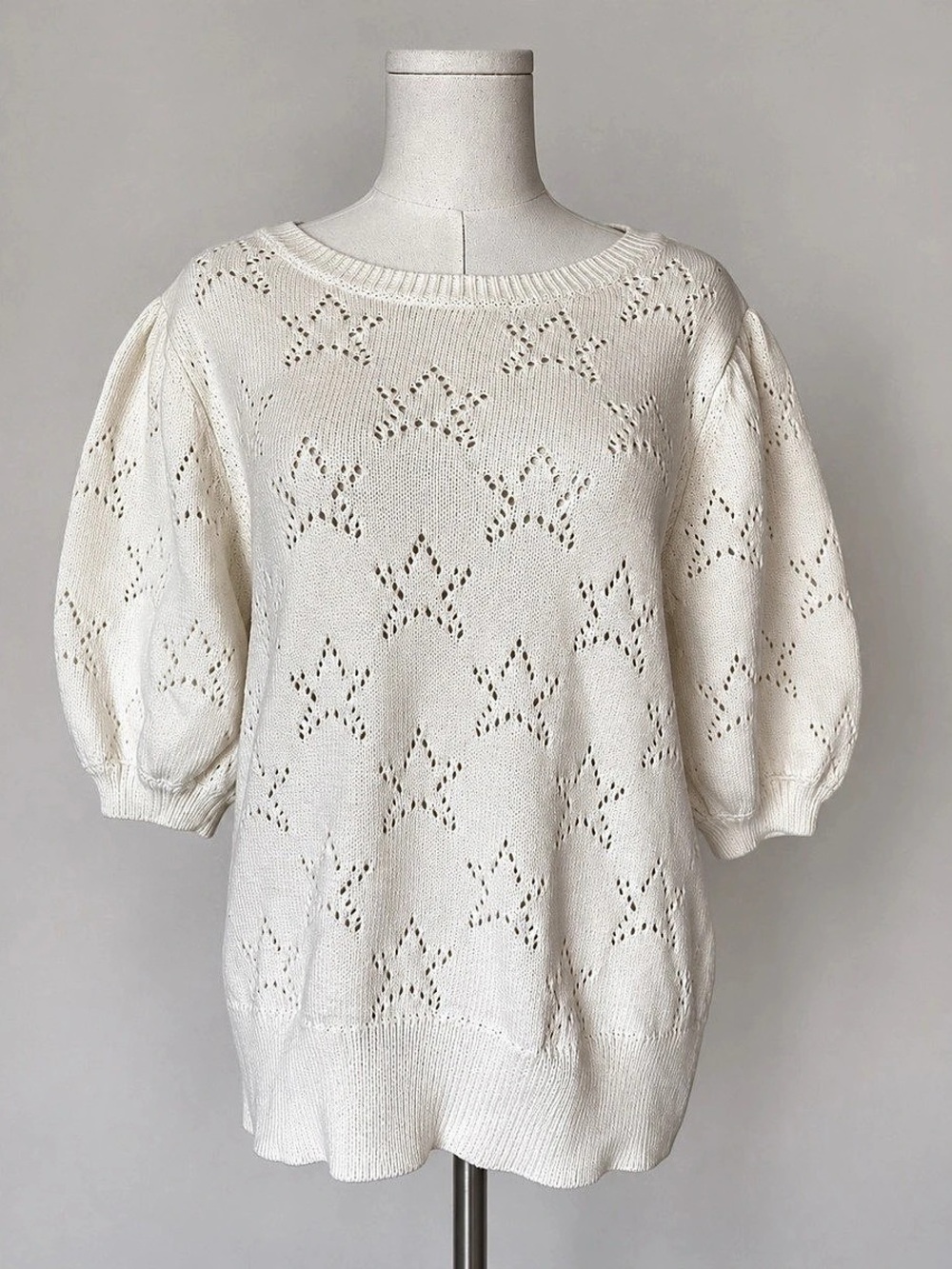 Elie Tahari Cream Star Pointelle Puff Sleeve Cotton Blend Sweater